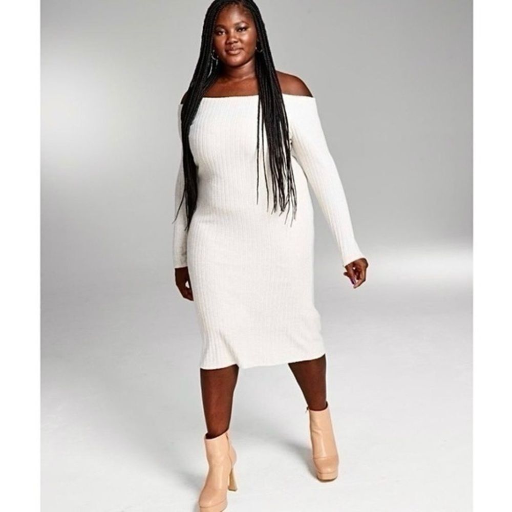 Bar III Women's Plus Size White Off the Shoulder Long Sleeve Sweater Dress 4X